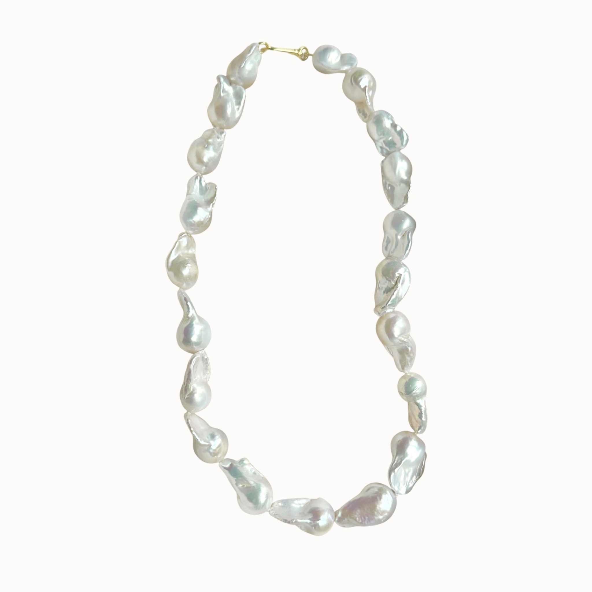 Large freshwater baroque pearl necklace with gold vermeil clasp on white background longer length from RAW Copenhagen Jewellery