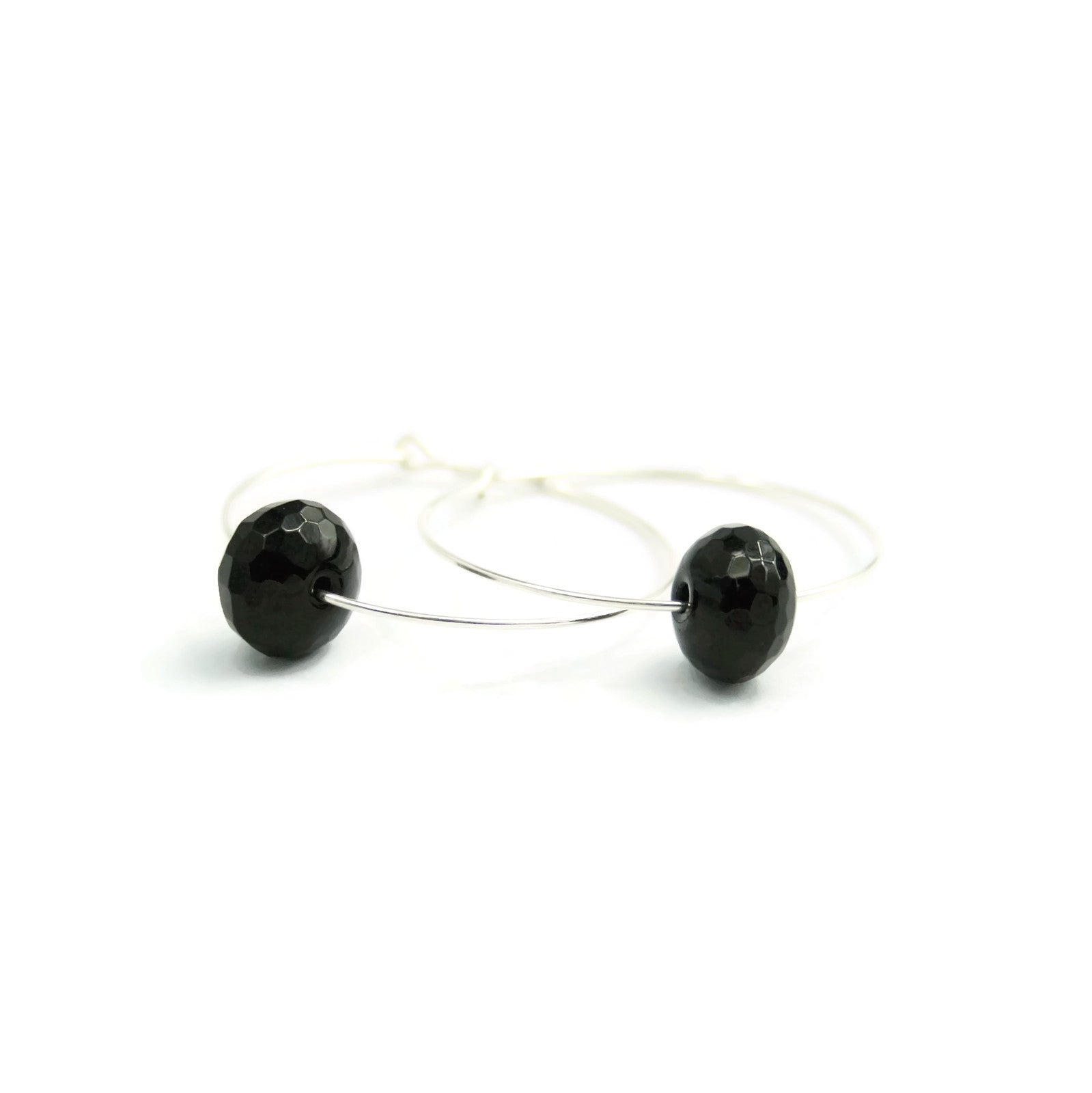 Sterling Silver Hoops with Black Onyx