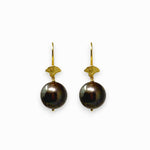 Pair of black pearl earrings with gold hooks on a white background