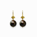 Pair of black pearl earrings with gold hooks on a white background