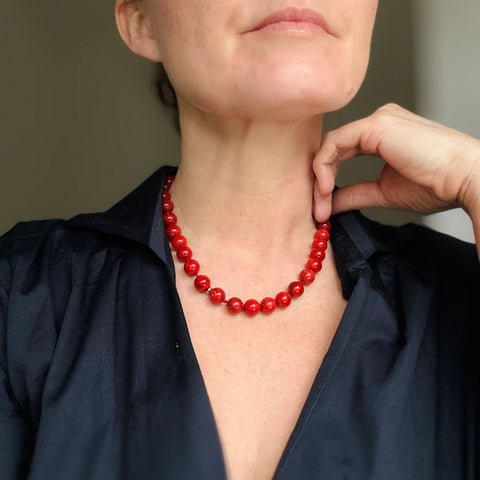 Coral Red Jade Beaded Necklace