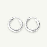 Delicate small silver earrings resting on line coloured background