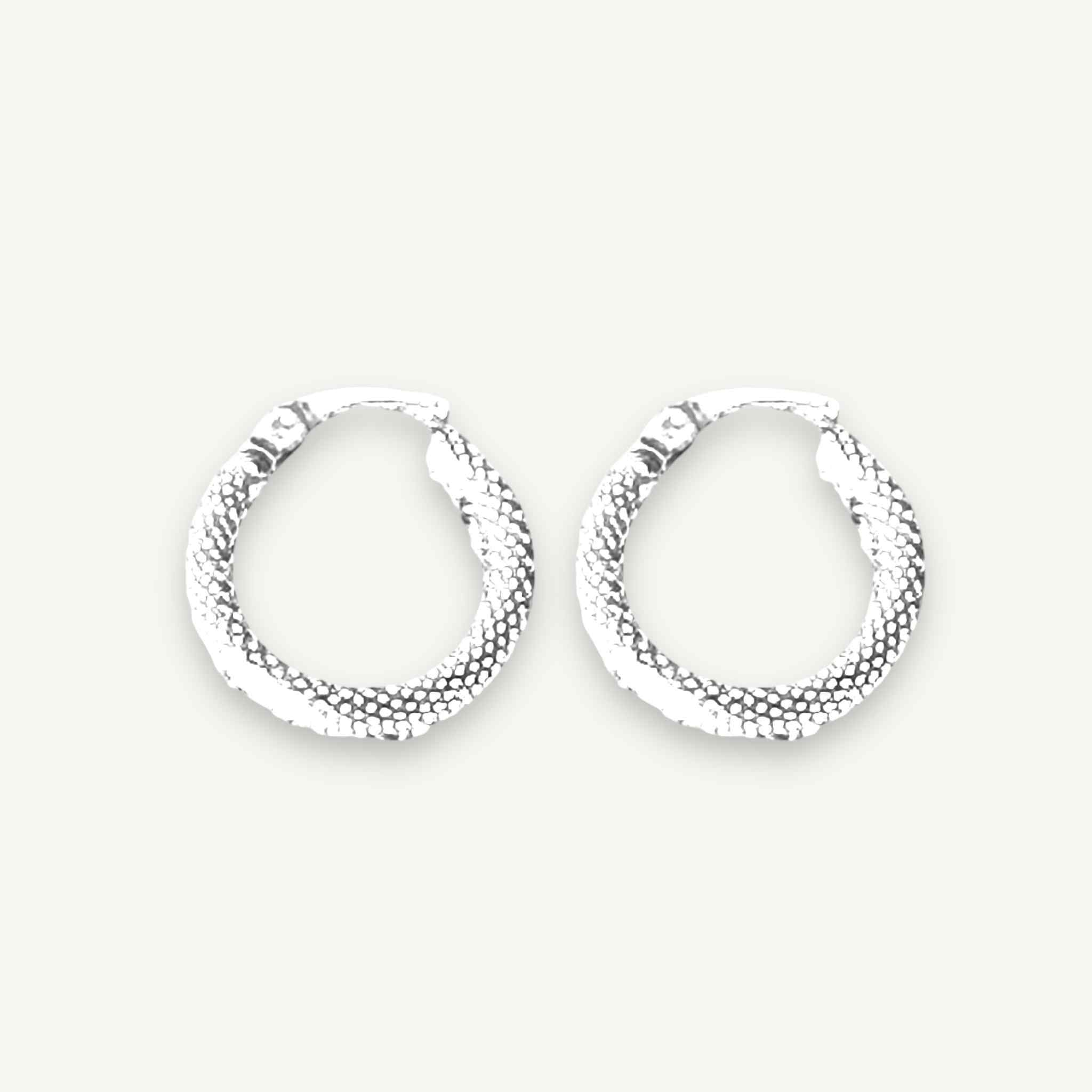 Delicate small silver earrings resting on line coloured background