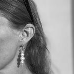 Close-up of an ear wearing a pearl earring modelled with a blurred background, black and white photo