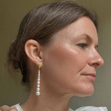 Close-up of a woman wearing graduated pearl earrings with a neutral background