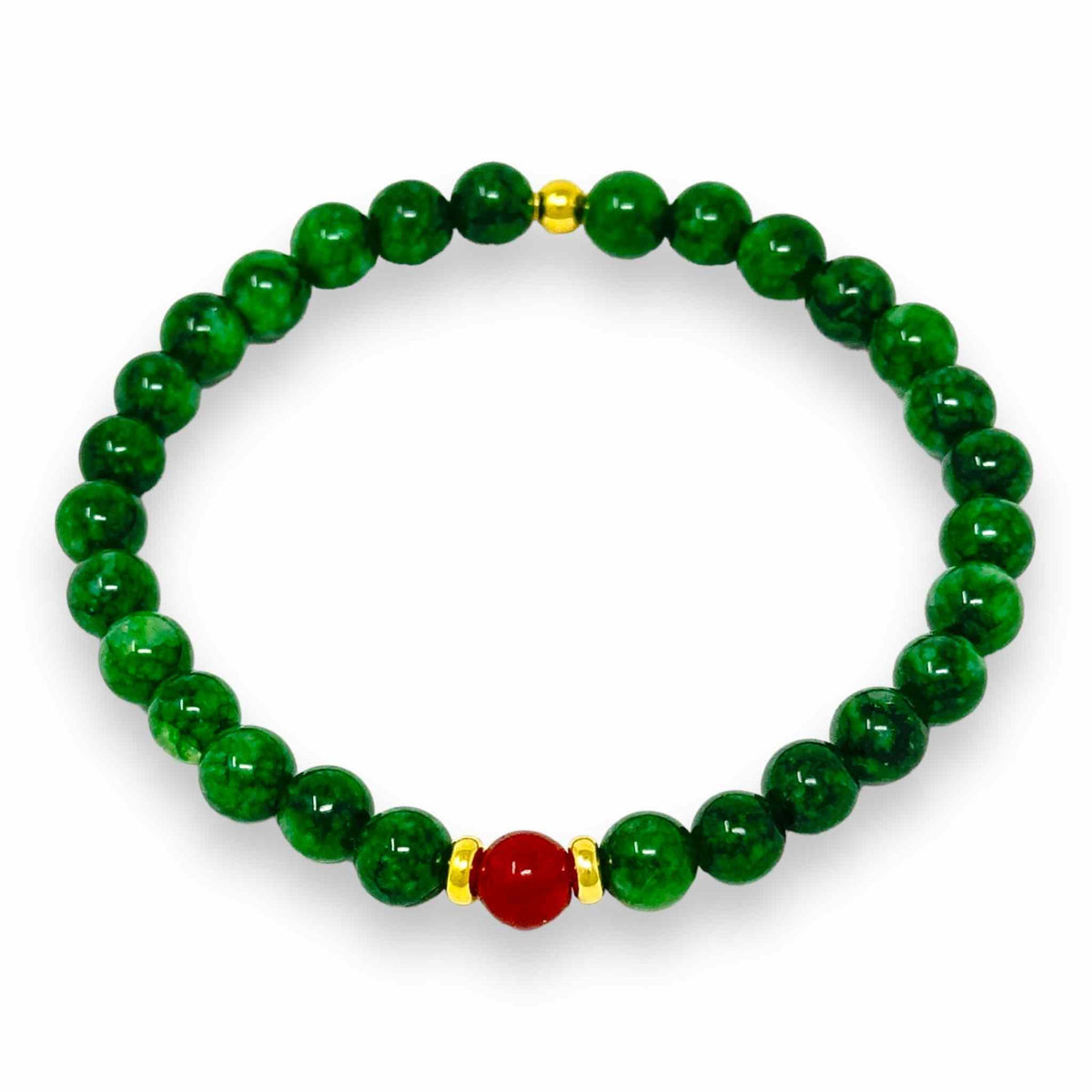 Green jade bracelet with red gemstone on white background