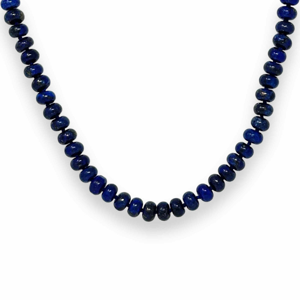 Lapis Lazuli necklace beaded shown hanging on white background