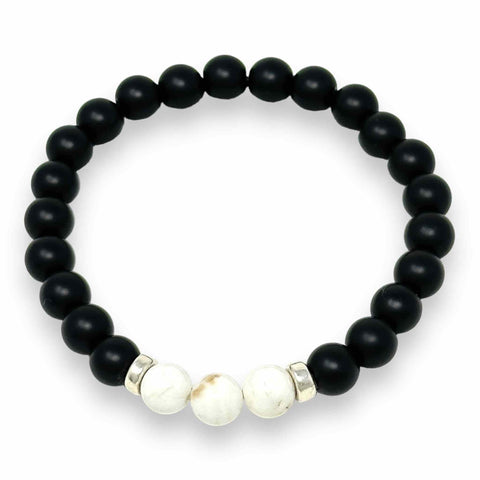 Unisex matt black onyx bracelet with white hematite and silver beads designed in support of children charity in Gaza