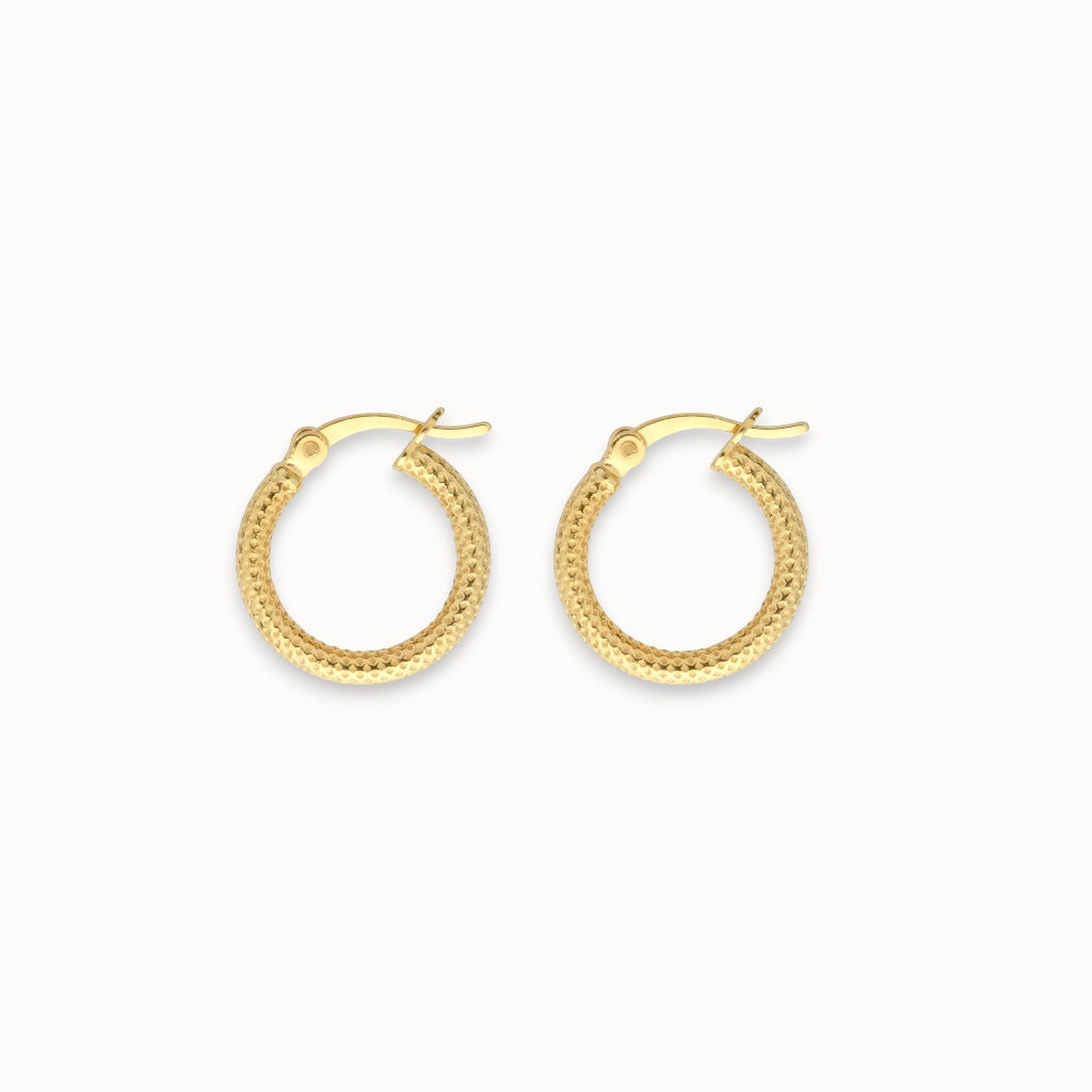 Gold hoop earrings on a white background
