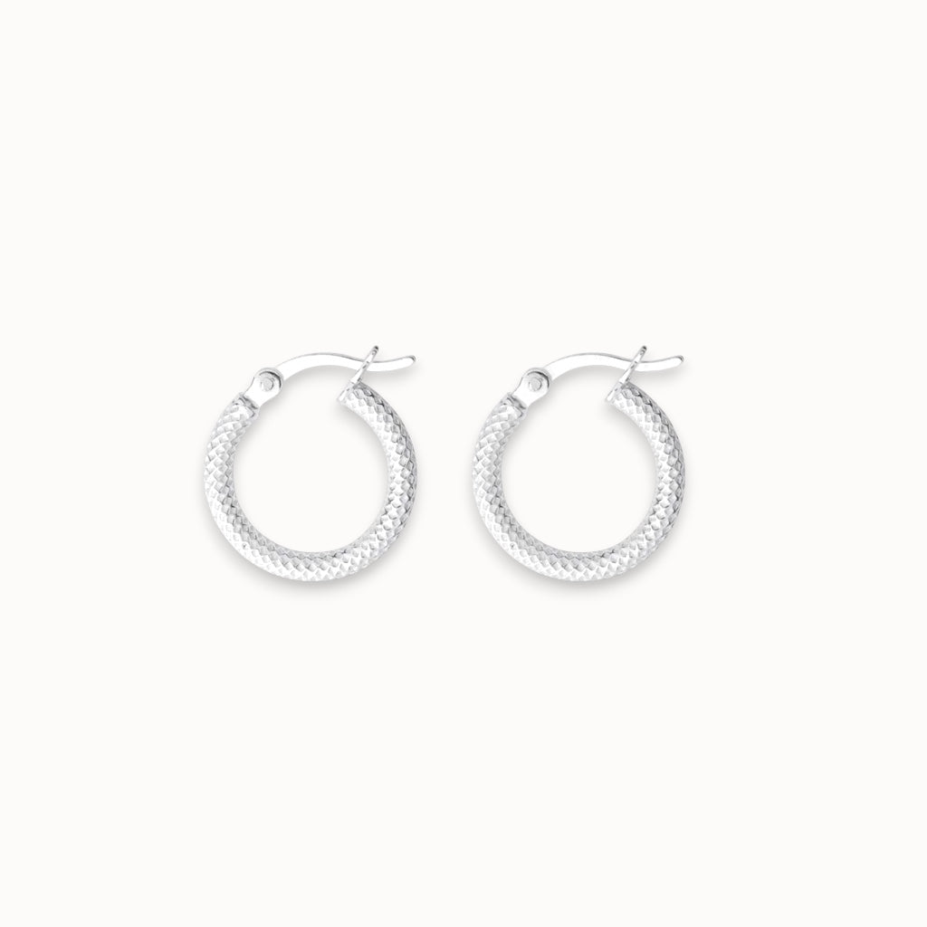 Pair of silver hoop earrings on a white background