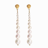 Pair of graduated pearl earrings with gold vermeil studs on a white background