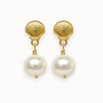 Gold shell earrings with pearl drops on a white background
