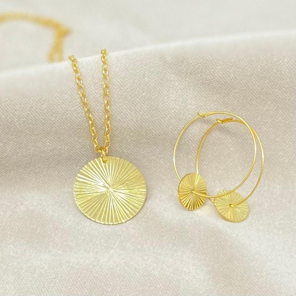Sun Ray Hoops - Gold Plated Hoops with Disc Charms