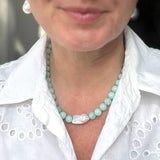 Turquoise Jade and Baroque Pearl Statement Bracelet modelled 