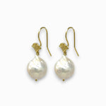 Pair of pearl earrings with gold hooks on a white background