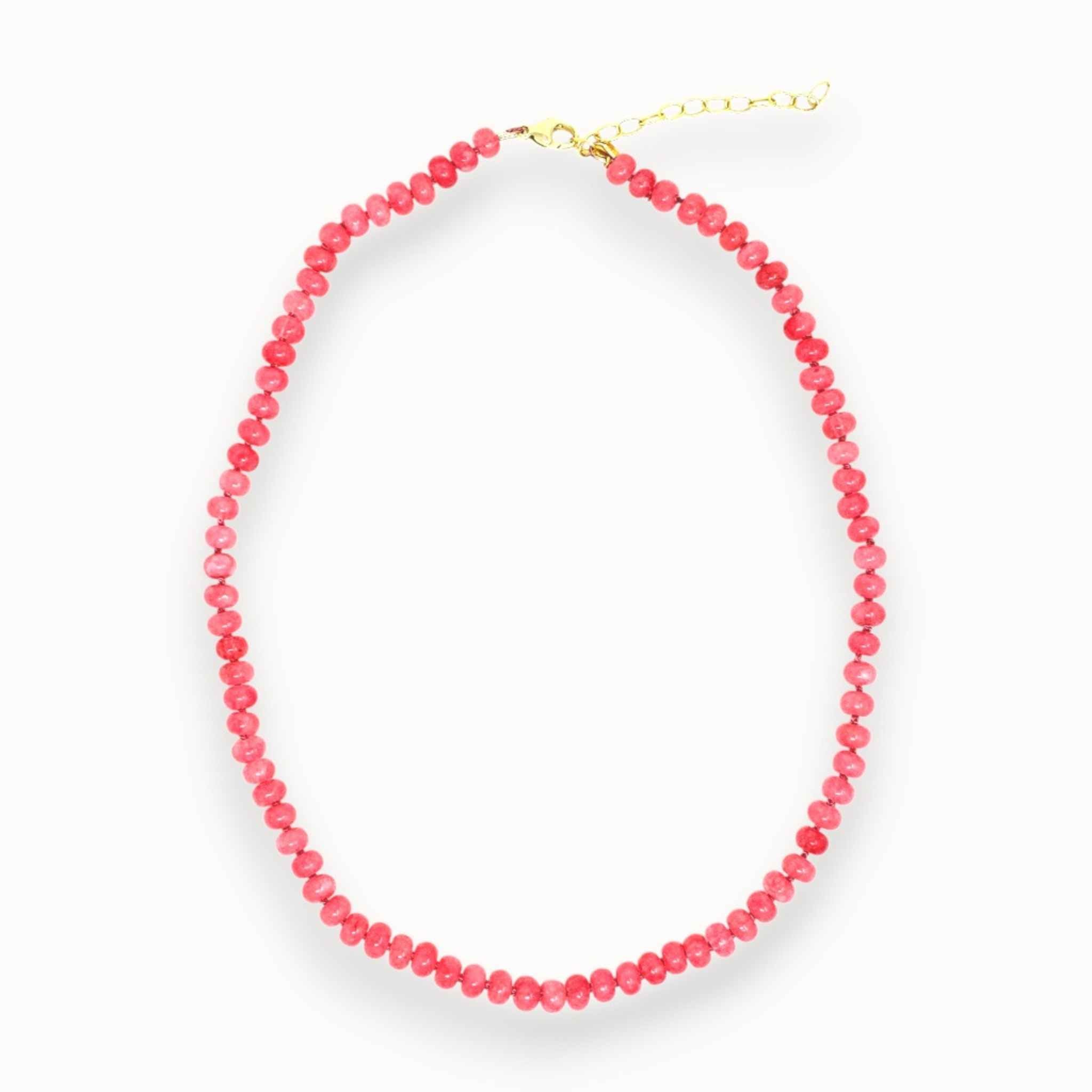 Rósa blush pink jade necklace with gold vermeil extender chain, photographed from above