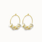 Pair of gold hoop earrings with freshwater petal pearls on a white background