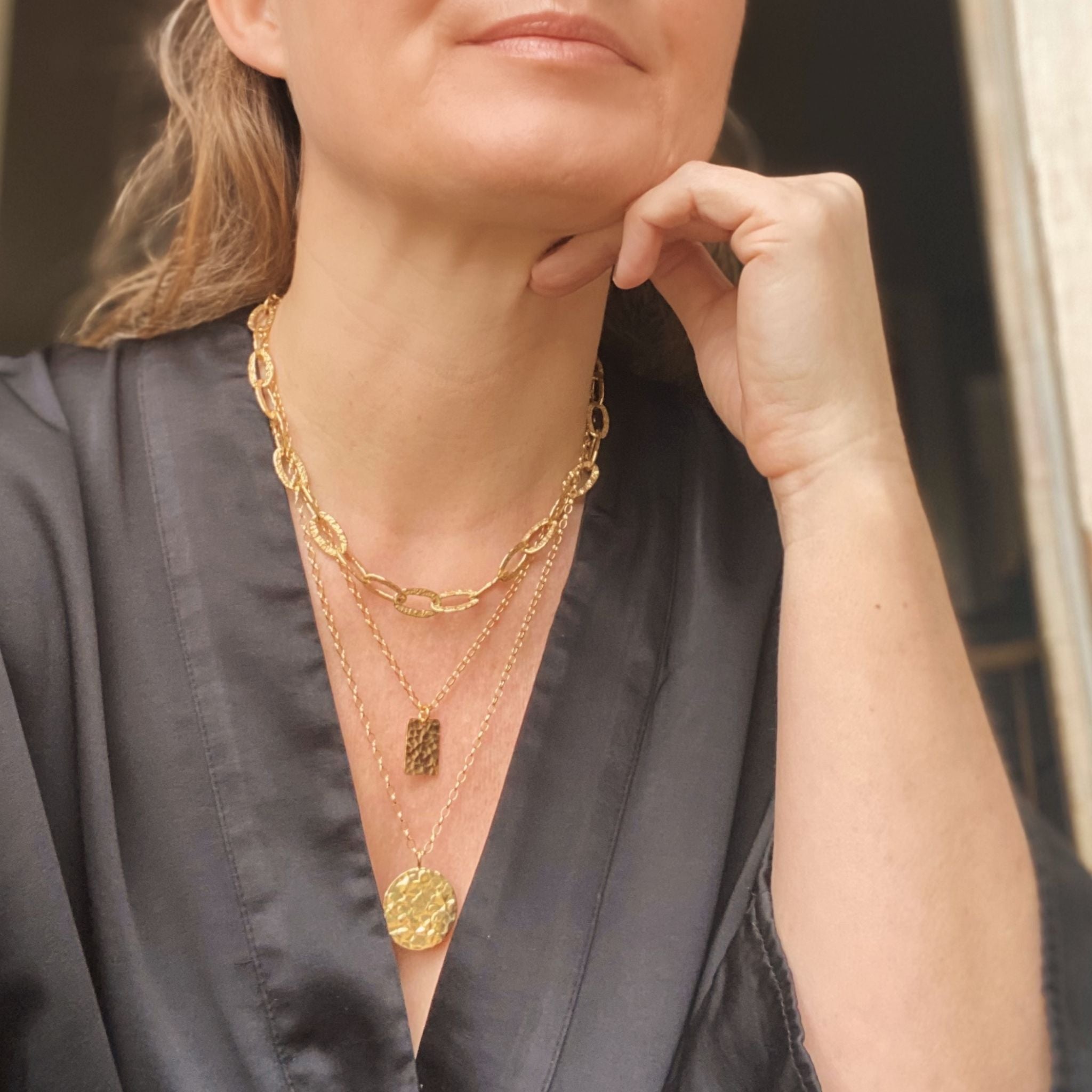 18K Gold vermeil round hammered Pendant Necklace