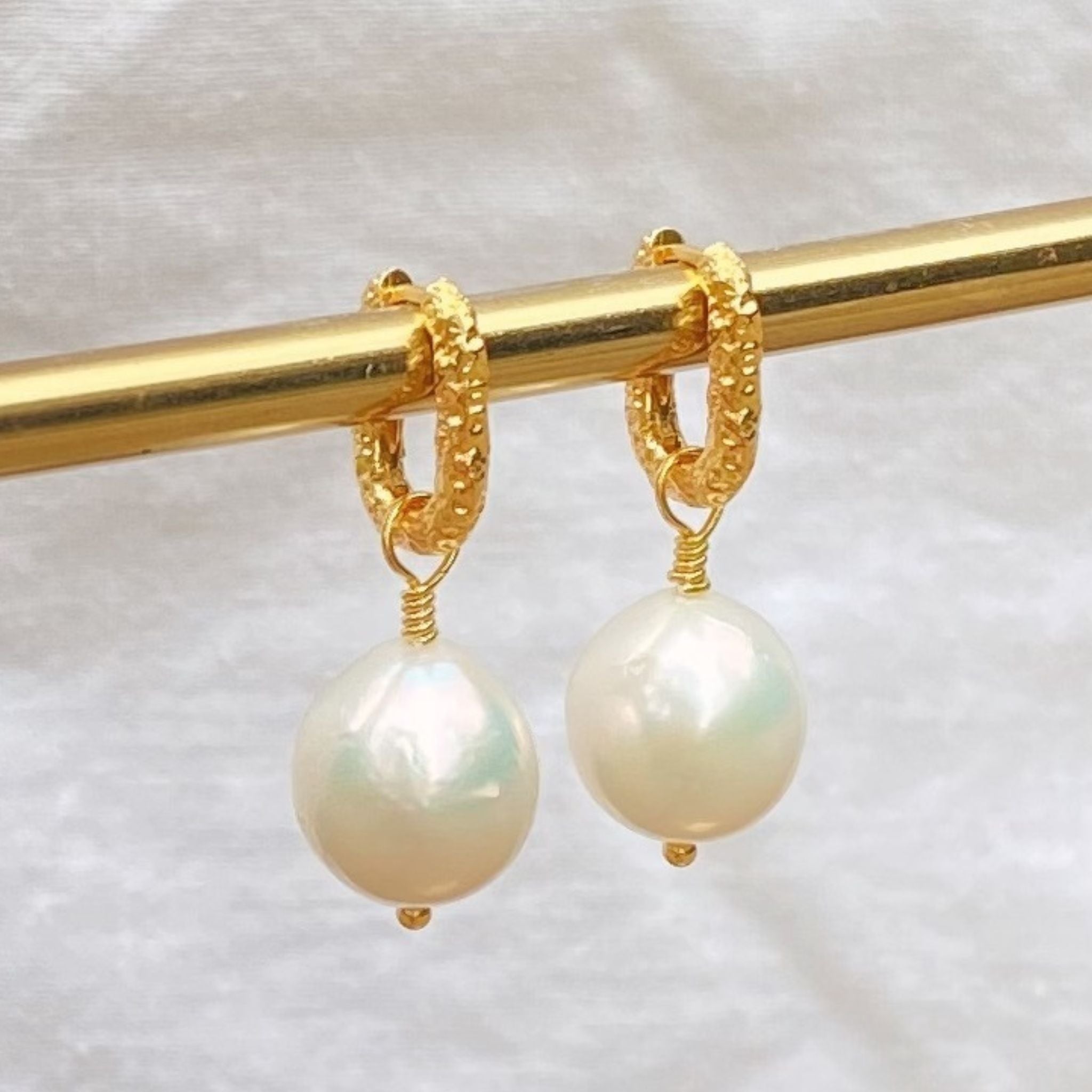 Pearl Baroque Pearl Earrings on textured hoops the ultimate sophistication meets Scandinavian Minimalist Designs