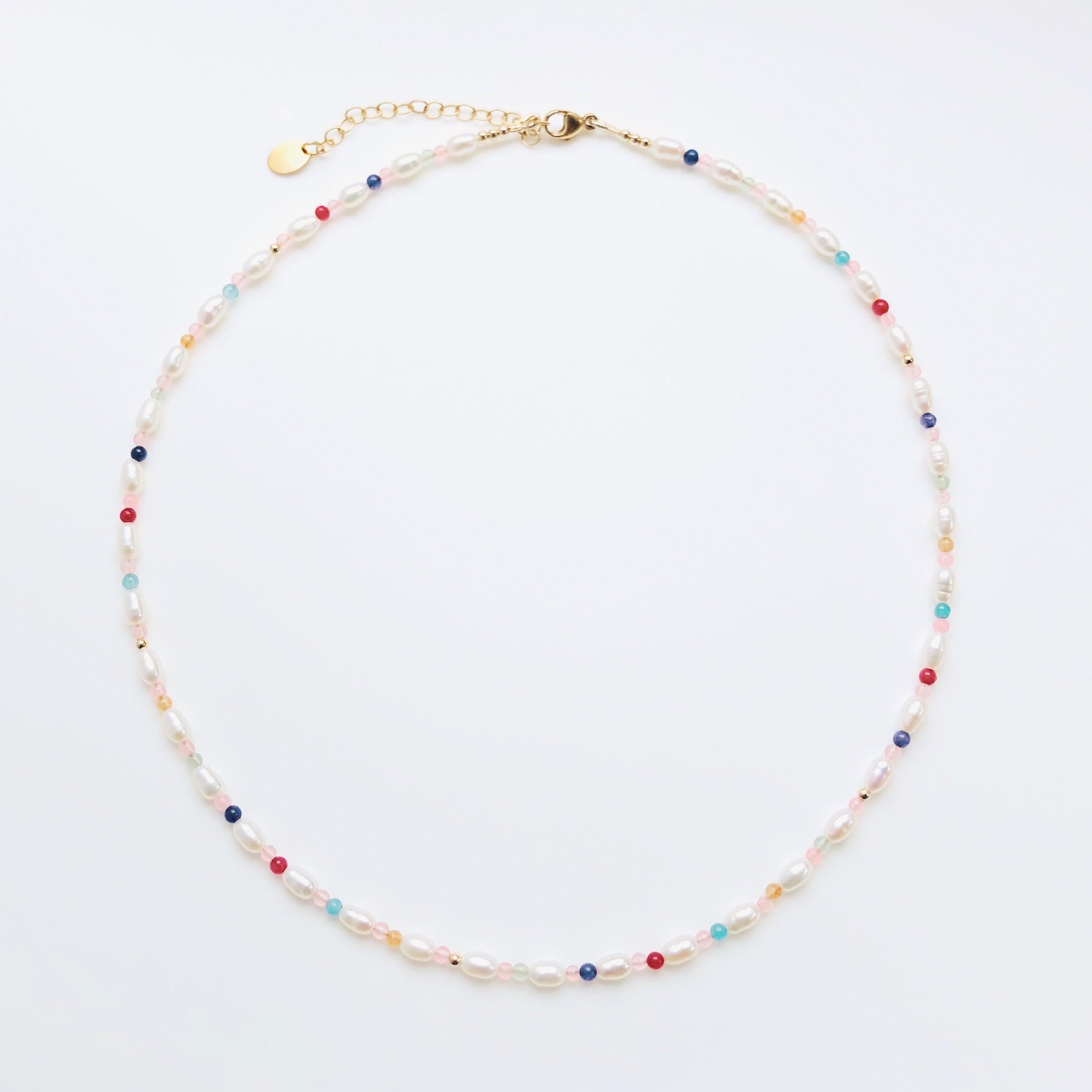 Boho Girly Necklace - White Freshwater Pearl Necklace with Gems