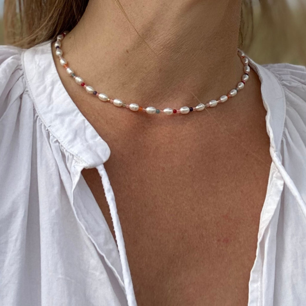 Boho Girly Necklace - White Freshwater Pearl Necklace with Gems