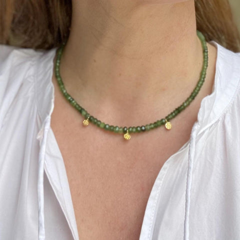 Green Serpentine and 18K Gold Plated Sterling Silver Beaded Necklace