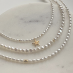 Classic-delicate-seed-pearl-necklaces-with-a-modern-twist,-with-oval-shaped-cultured-freshwater-pearls-with-the-most-beautiful-lustre-and-god-vermeil-sterling-silver-beads.-Handmade-in-Kent-UK