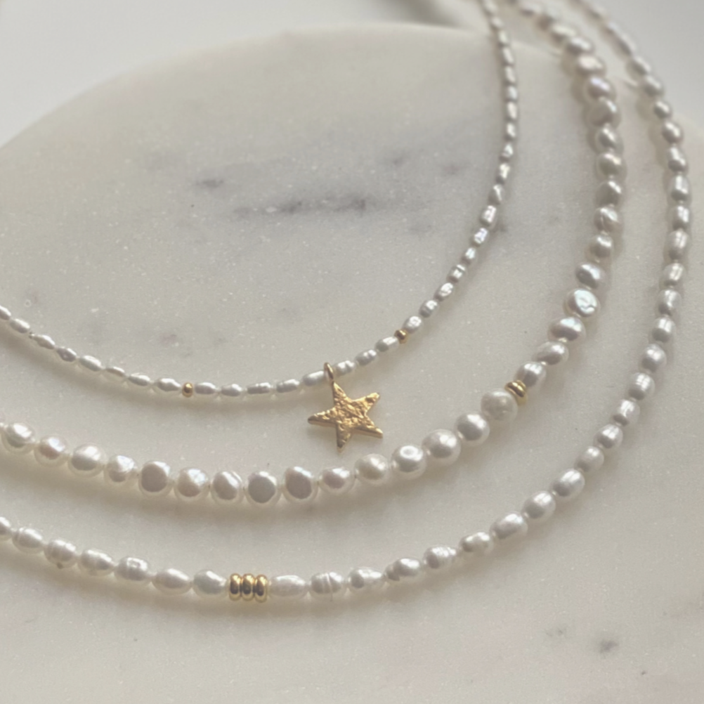 Delicate Freshwater seed pearl necklace with gold vermeil beads