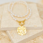 Pearl necklace hand made in the UK with big 18K gold vermeil round pendant