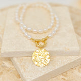 Pearl necklace hand made in the UK with big 18K gold vermeil round pendant