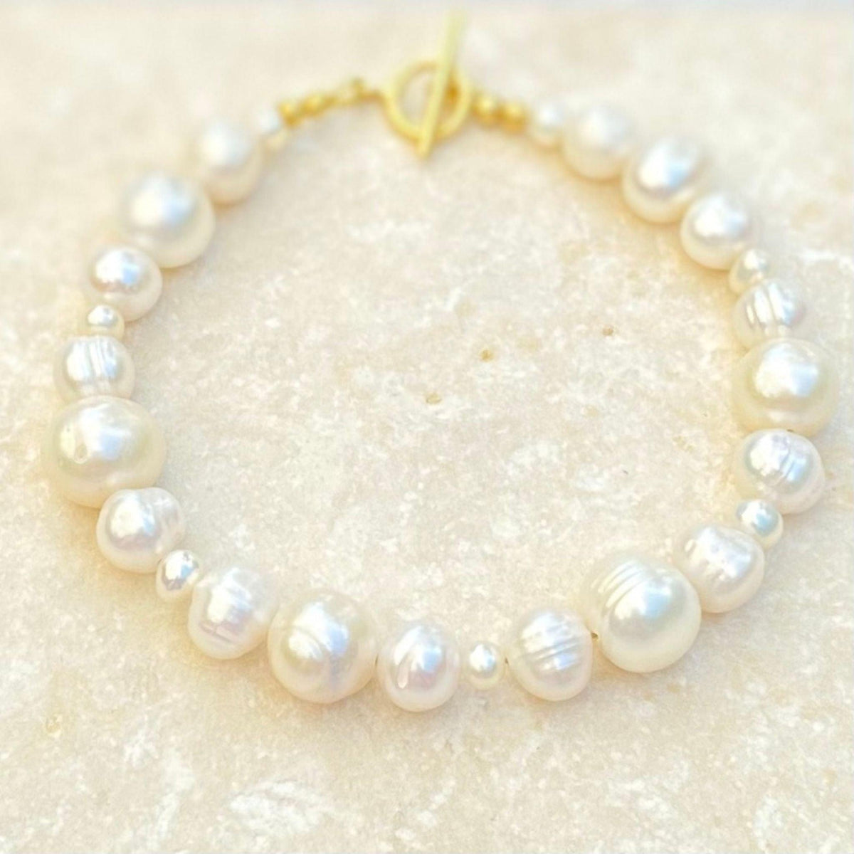 White Freshwater Pearl Bracelet Pearl Bracelet with Different Size Pearls with gold plated Sterling silver clasp 