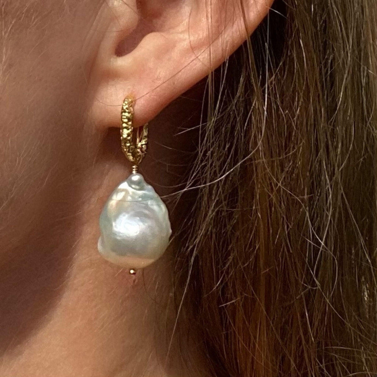 Sisterhood Earrings - Textured Hoop Earrings with Baroque Pearls