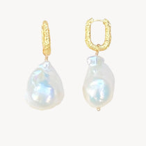 Sisterhood Earrings - Textured Hoop Earrings with Baroque Pearls