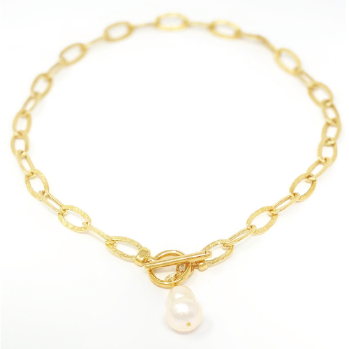 Chunky gold chain necklace with double baroque freshwater pearl on white background