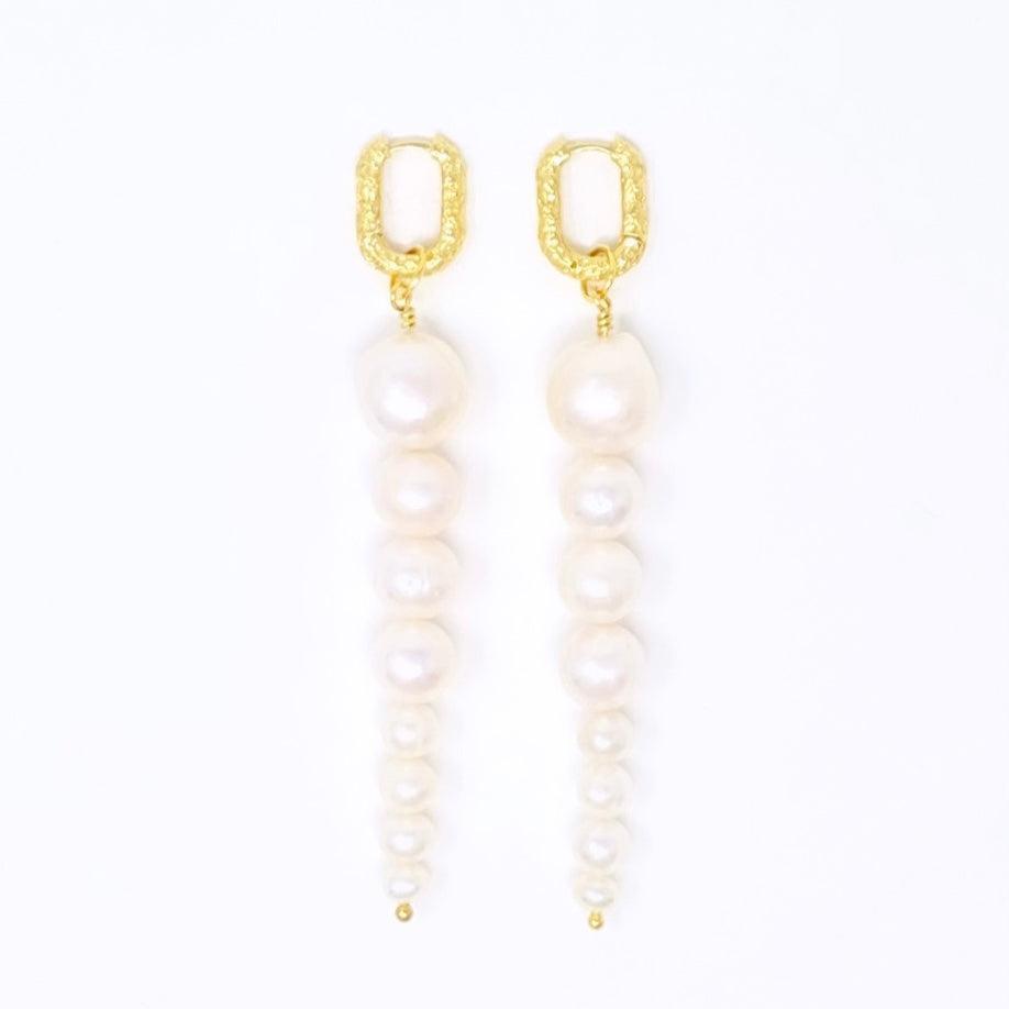 Long Graduated Pearl Earrings with 18k gold plated textured huggies